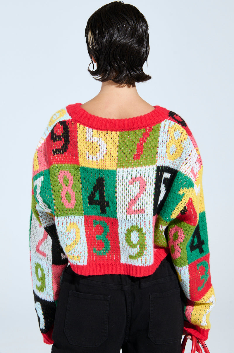 A person with short dark hair is shown from behind, wearing the TOO MANY NUMBERS SWEATER—a cropped, colorful knitted top featuring numbers in a color-block design. The stretchy knit showcases vibrant patches of red, green, yellow, black, and white.