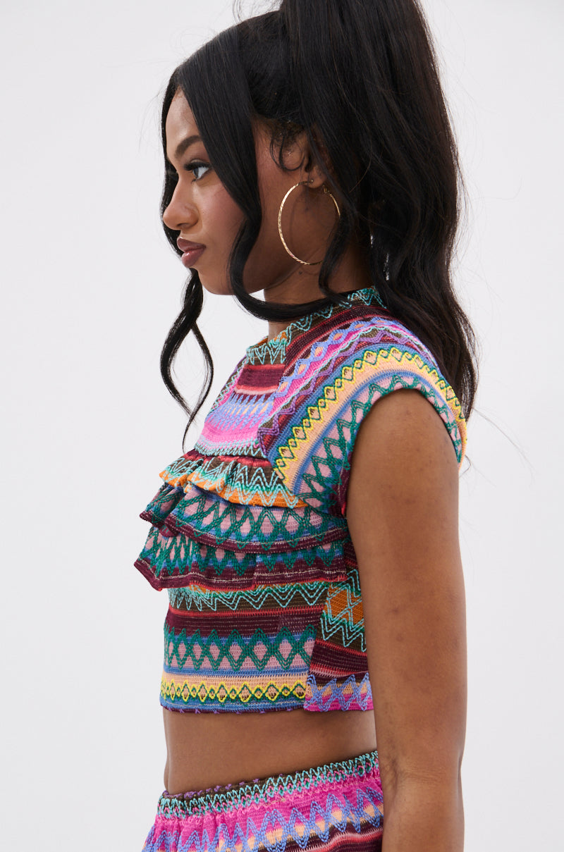 ABSTRACT RUFFLE OFF THE SHOULDER BLOUSE – AKIRA