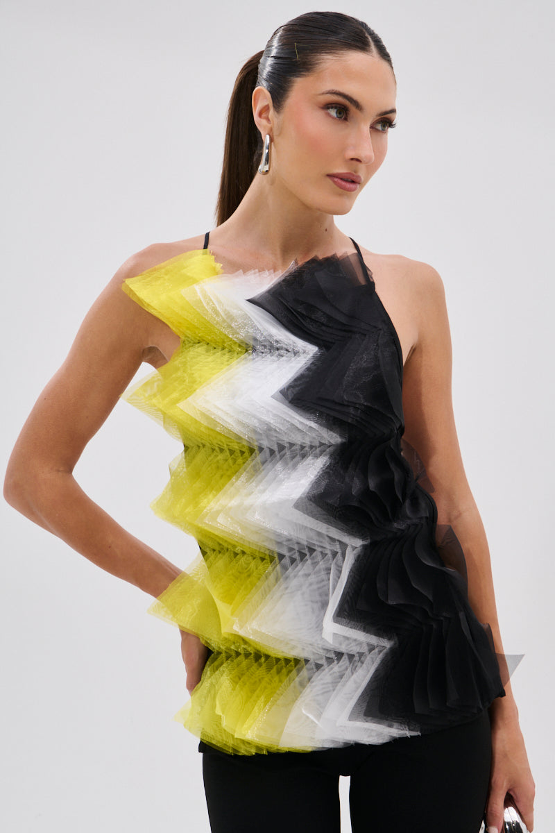 A woman with long hair pulled back wears the PIPPA MESH BLOUSE featuring zigzag ruffles in yellow, white, gray, and black gradients. She pairs it with black pants and stands against a plain background.