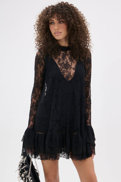 〜4/5 限定発売　Poppy lace mini dress black Black Lace Overlay Mock Neck Mini Dress | Lime Lush Boutique