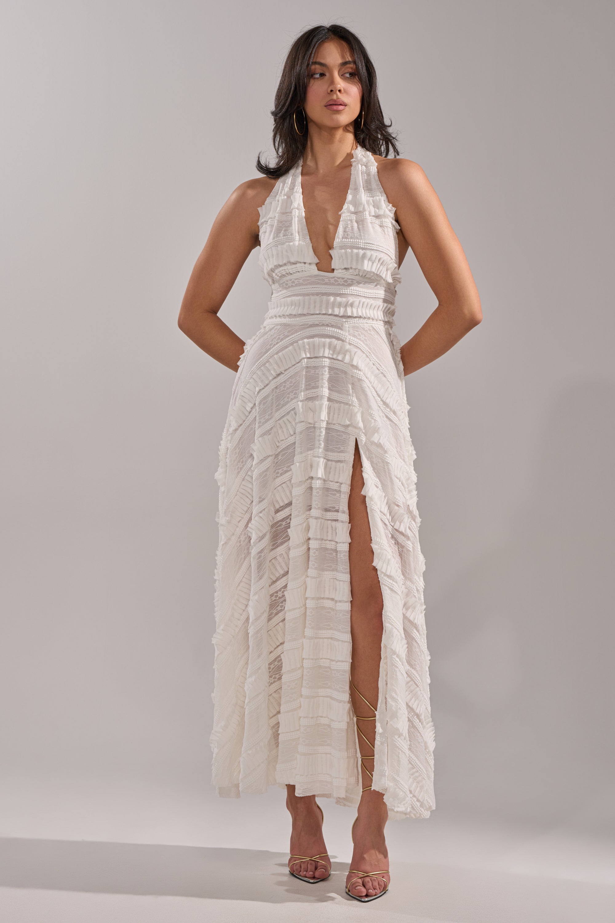 fitted lace wedding dress White V Neck Chain Strap Keyhole Cut Out Textured Maxi Dress Large main image 1