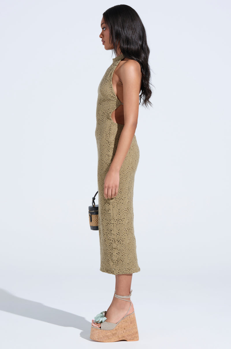 ON THE MOVE BODYCON MIDI DRESS IN OLIVE – AKIRA