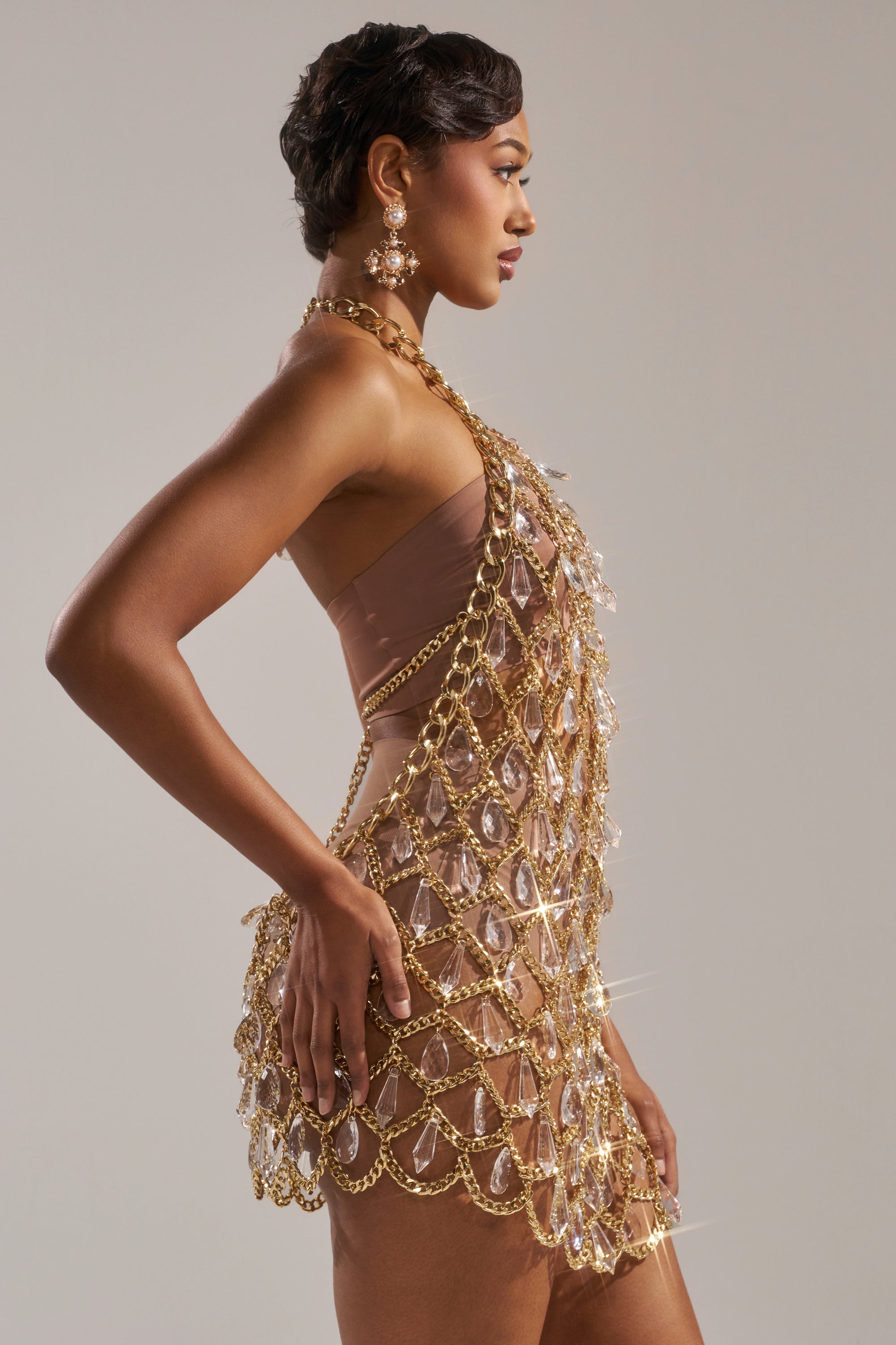 A woman in profile wears the OH HOT DAMN RHINESTONE MINI DRESS, a sheer nude gold chain link piece with gemstone net design, paired with statement earrings against a plain light background.