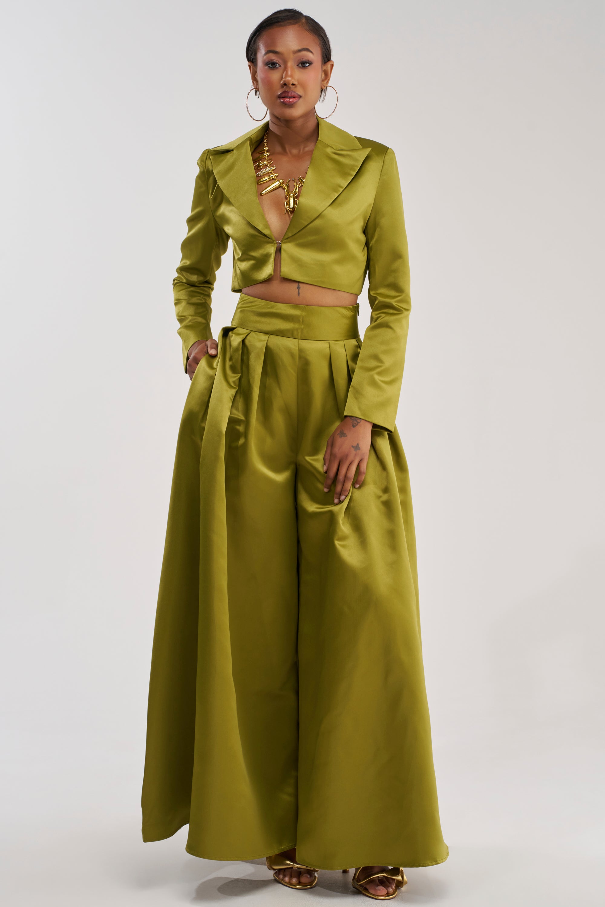 LILA SATIN TROUSER IN CHARTREUSE – AKIRA