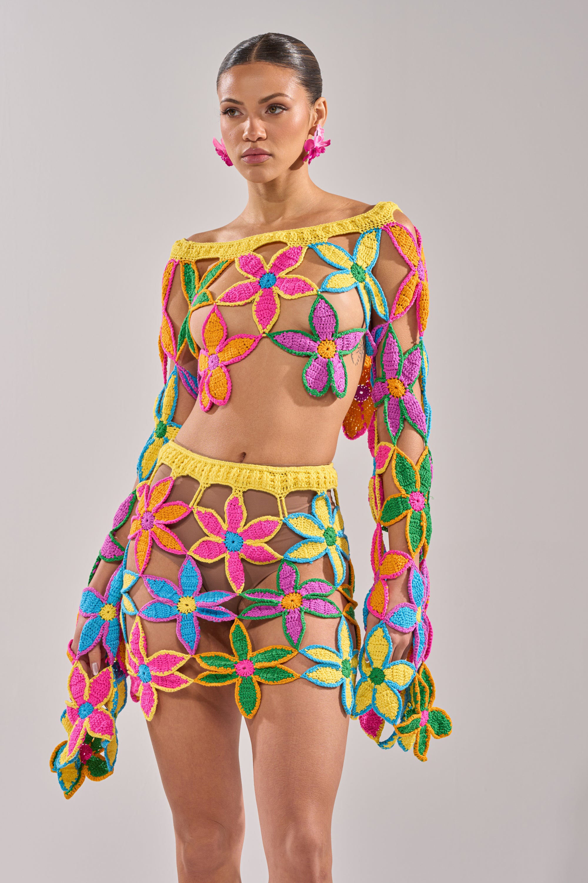 FLORAL FIELDS CROCHET OFF THE SHOULDER SWEATER – AKIRA