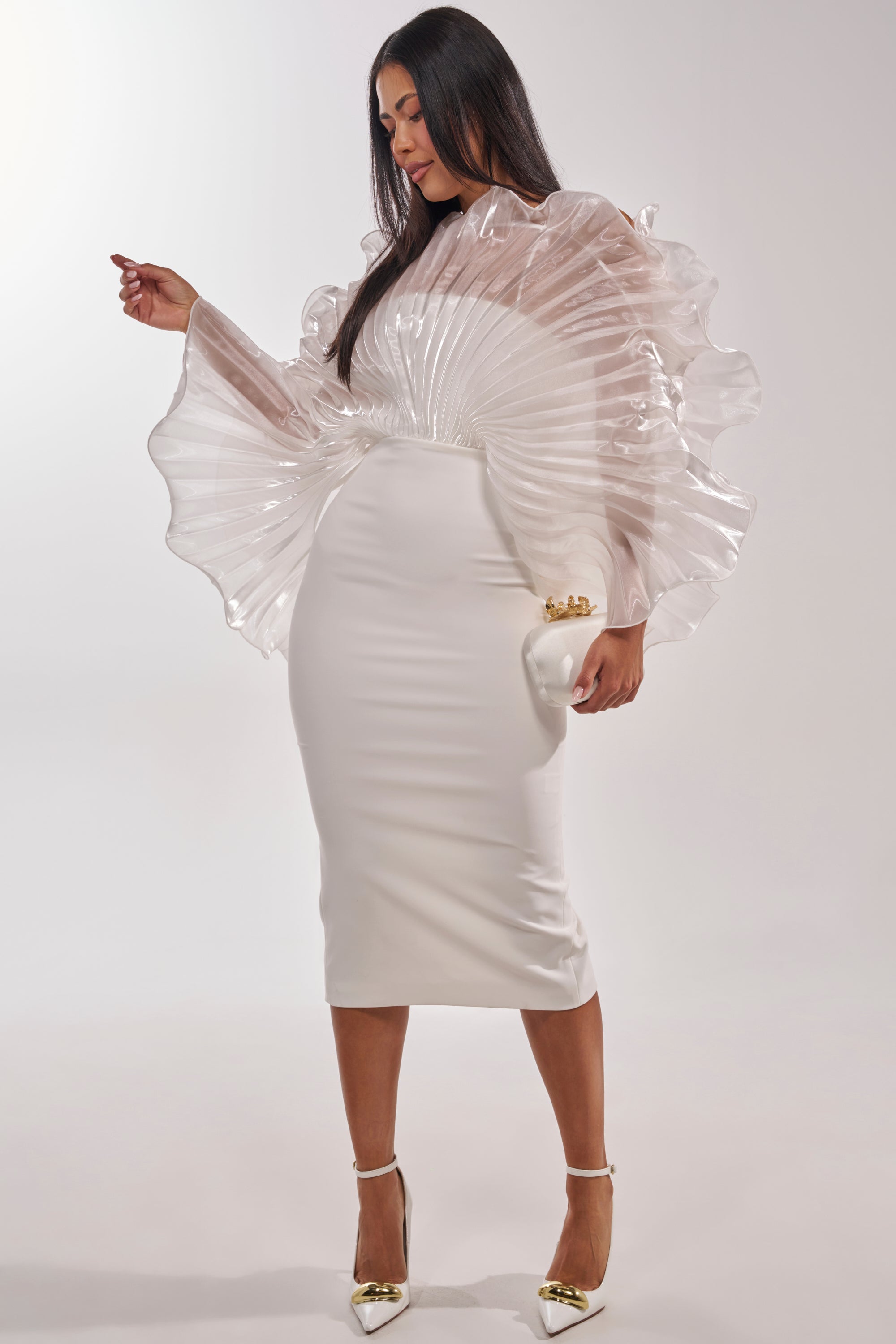 knee length dresses for ladies Caitlin White Feather Bandage Midi Dress | Dresses