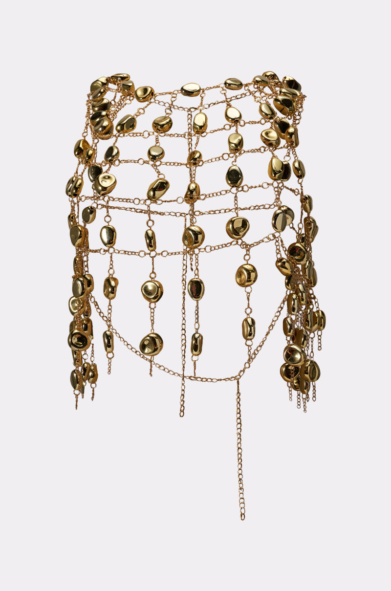 The PEBBLE BEACH STONE CHAIN TOP features a lattice-style design with dangling oval discs and cascading chains, making it a bold choice for standout festival fashion. 6