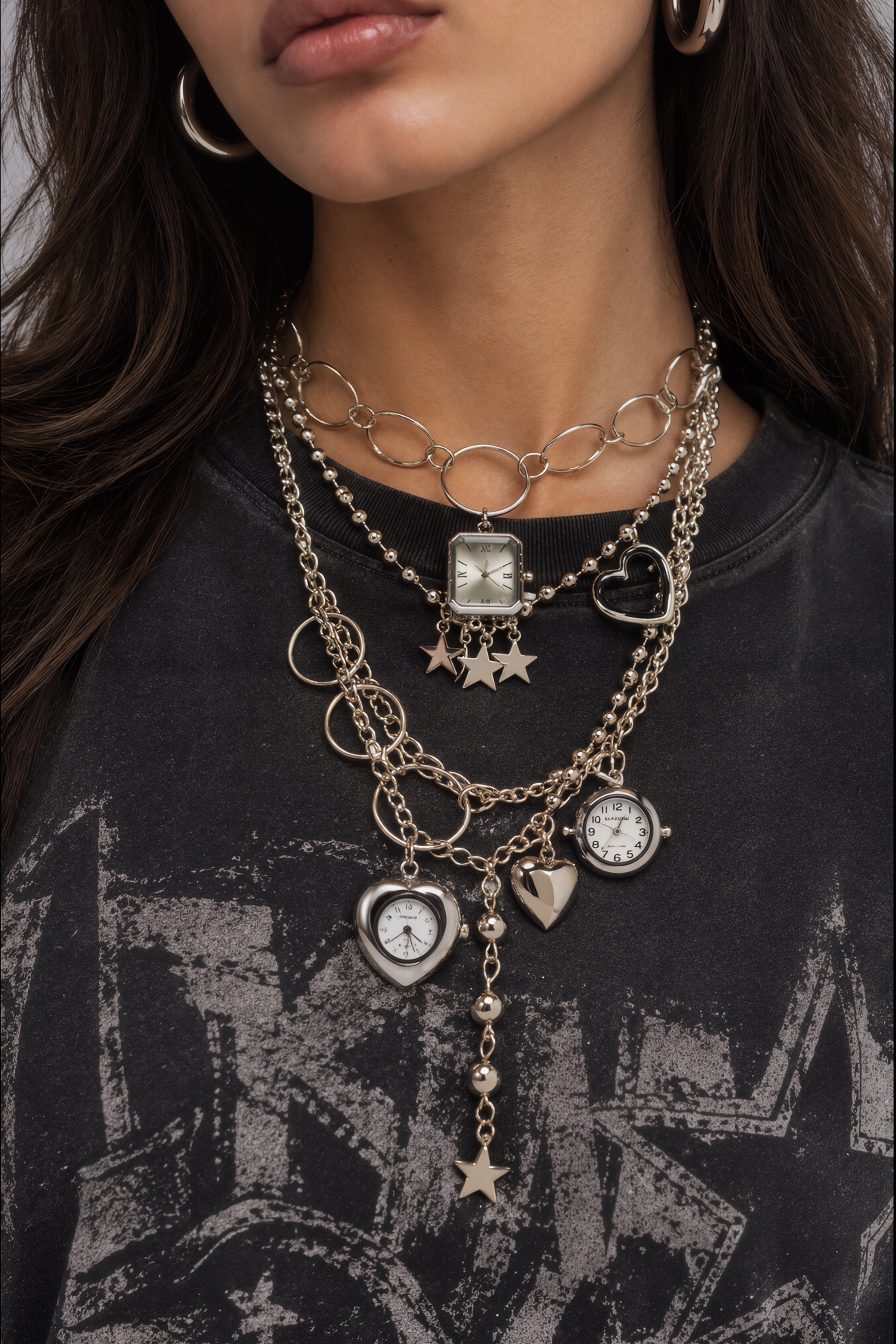 A woman wears the CLOCK NECKLACE—a layered silver chain adorned with watch faces, heart-shaped pendants, stars, and rings—styled over a faded black graphic tee. Only her lips and part of her face are visible, embodying the bold spirit of maximalist festival jewelry in contemporary streetwear.