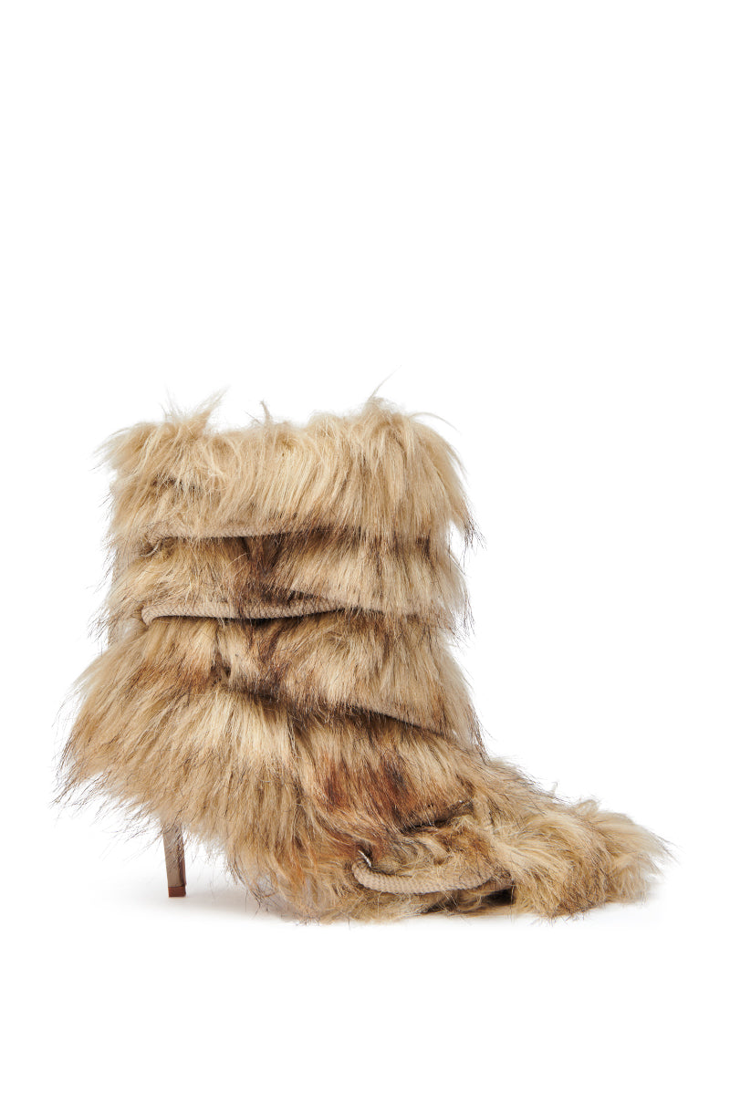 The AZALEA WANG SALERE Brown Rope Detail Stiletto Bootie features an ankle-high shaft covered in shaggy light brown faux fur, with a pointed toe and slim heel, shown against a plain white background.