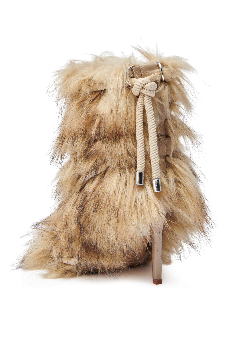 The AZALEA WANG SALERE Brown Rope Detail Stiletto Bootie features shaggy light brown faux fur, a beige rope bow at the ankle, and a sleek stiletto heel for standout style.