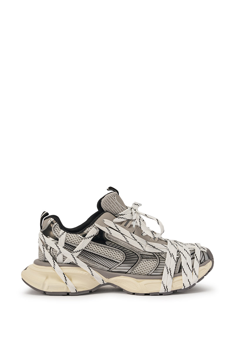 The AZALEA WANG SAMURAI GREY MULTI CHUNKY SNEAKER features gray and black tones, a beige platform sole, and bold white printed fabric strips crisscrossing the toe, sides, and heel for standout street-style appeal. 3