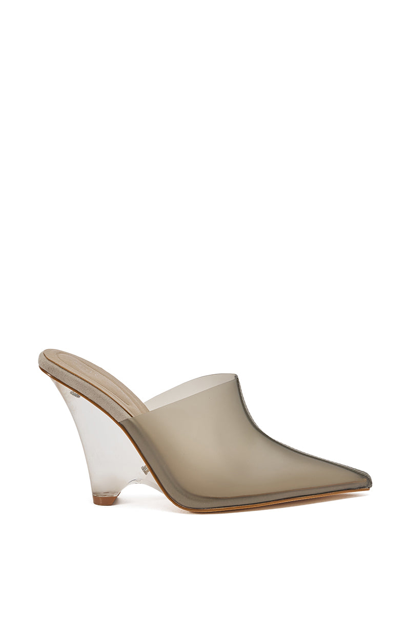 The AKIRA GOLD SANCTUS GREY PVC PUMP features a transparent smoky grey upper, pointed toe, clear angled wedge heel, and a beige insole.