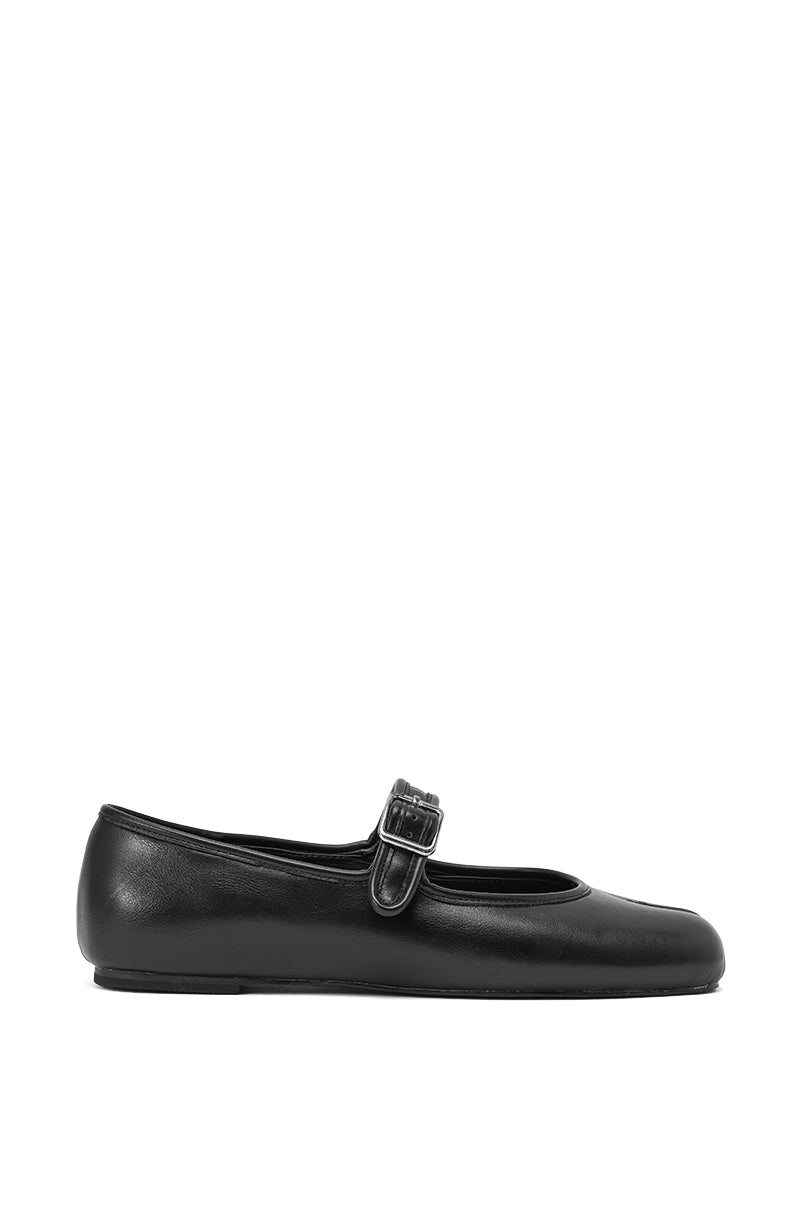 The AKIRA GOLD SANG BLACK PU SPLIT TOE FLAT is a black faux leather Mary Jane with a comfort cushion insole, rounded split toe, thin sole, and single buckle strap, displayed in side profile against a white background. 5