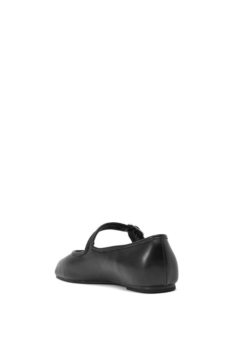 The AKIRA GOLD SANG BLACK PU SPLIT TOE FLAT is a black faux leather Mary Jane with a single strap and split toe, shown from the back at an angle on a plain white background. 7