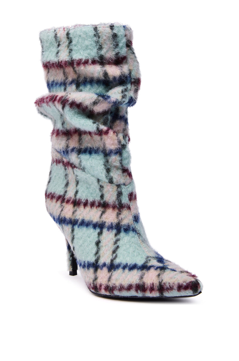 The AZALEA WANG SANJIV Blue Multi Plaid Stiletto Bootie features a high heel, pointed toe, and mid-calf slouched design in soft fuzzy pastel plaid fabric with blue, pink, and burgundy tones.