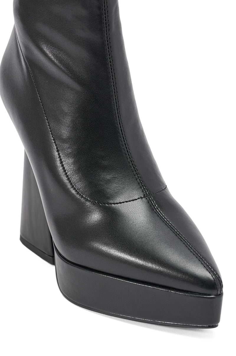 Close-up of the AZALEA WANG SAXTON Black PU Chunky Pointed Toe Bootie, made from faux leather with a platform sole and high chunky heel. 7
