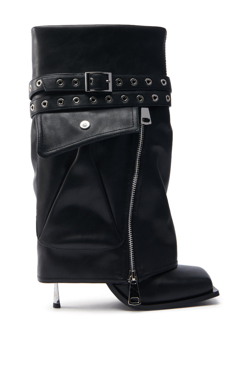 The AZALEA WANG SAYLAH Black Bootie features a folded-over top, double strap with silver eyelets and a buckle, vertical silver zipper, flap detail, and a sleek metallic stiletto heel for added elegance.