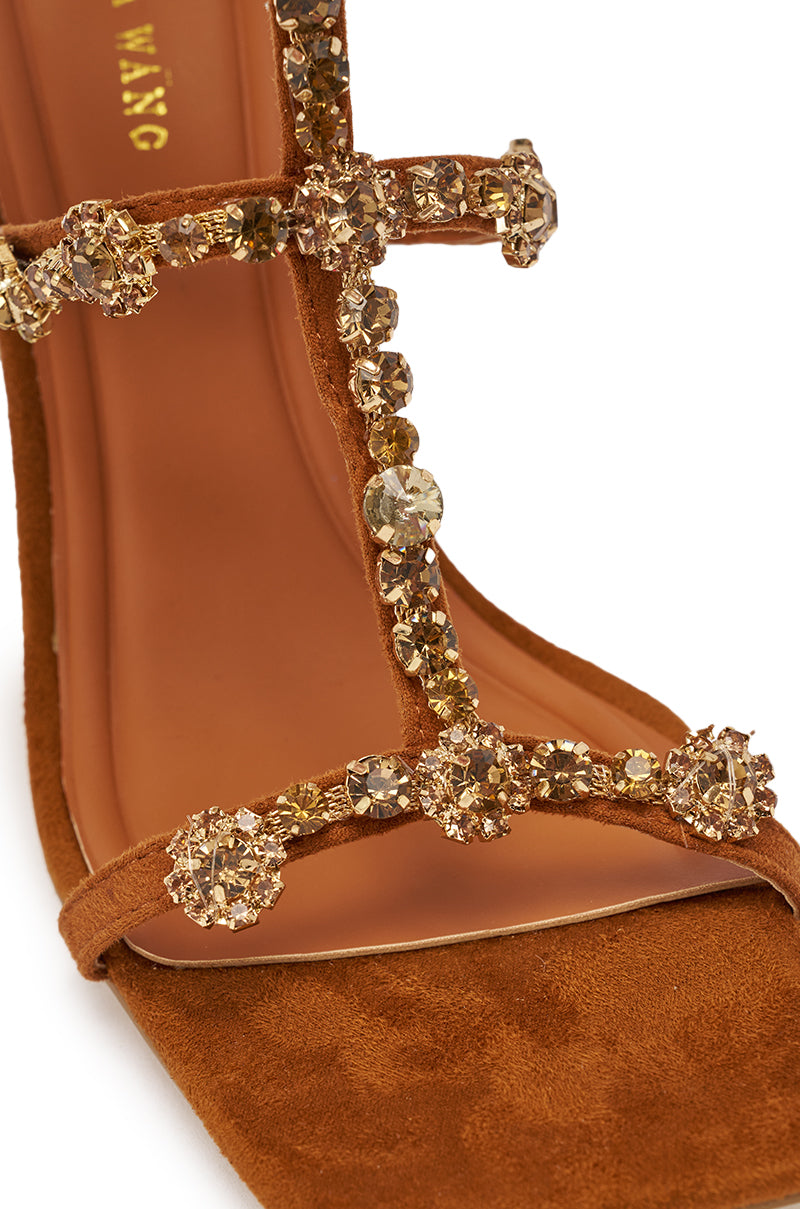 Close-up of the AZALEA WANG SCHANTELLE Tan Embellished Upper Wedge Sandal, featuring brown suede, a square toe, comfort cushion insole, and gold and crystal strap embellishments. 7