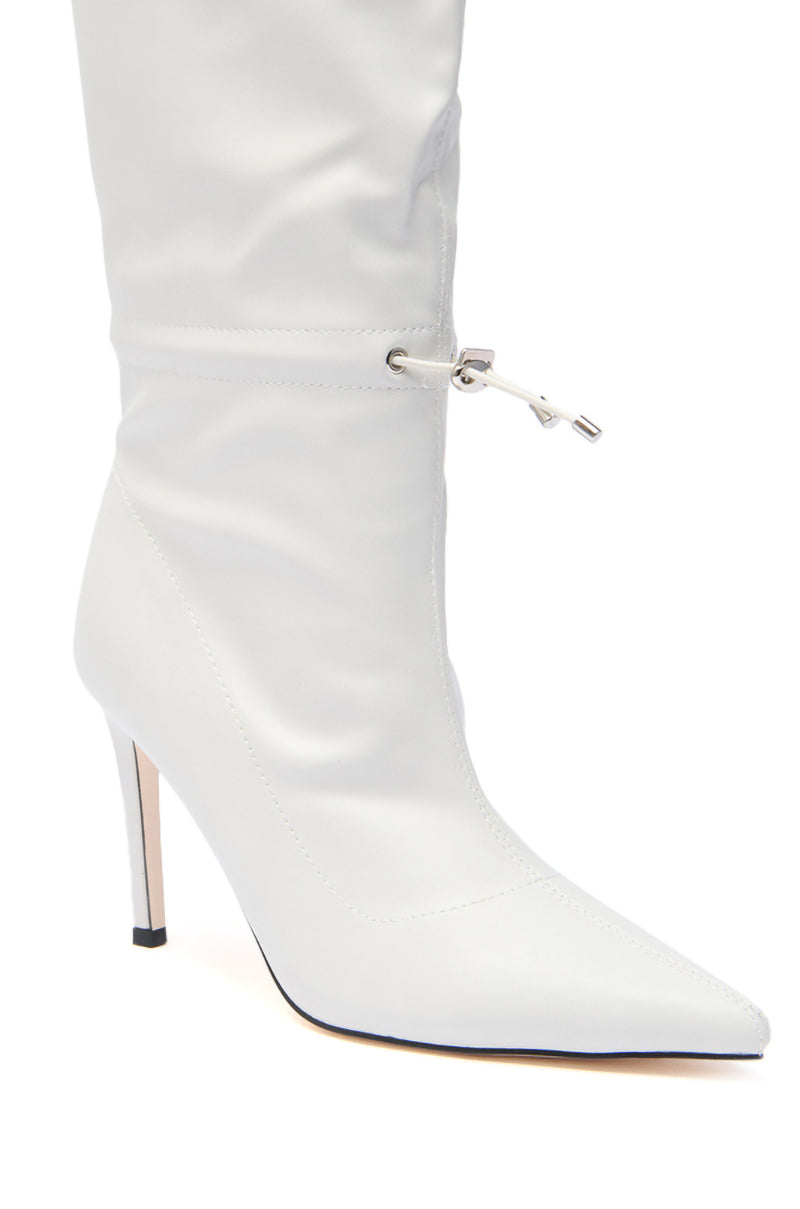 The AZALEA WANG SEANNA IVORY CINCHED STILETTO BOOTIE features white faux leather, a pointed toe, high stiletto heel, and an adjustable drawstring detail at the ankle. 4