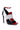 The AZALEA WANG SELEENER RED SPORTY SANDAL is a black high-heeled shoe featuring a striking color-block design in red and white, with a red patent strap over the toe, two white straps adorned with silver buckles across the midfoot, and a glossy red ankle strap fastened with a buckle above an elegant stiletto heel.