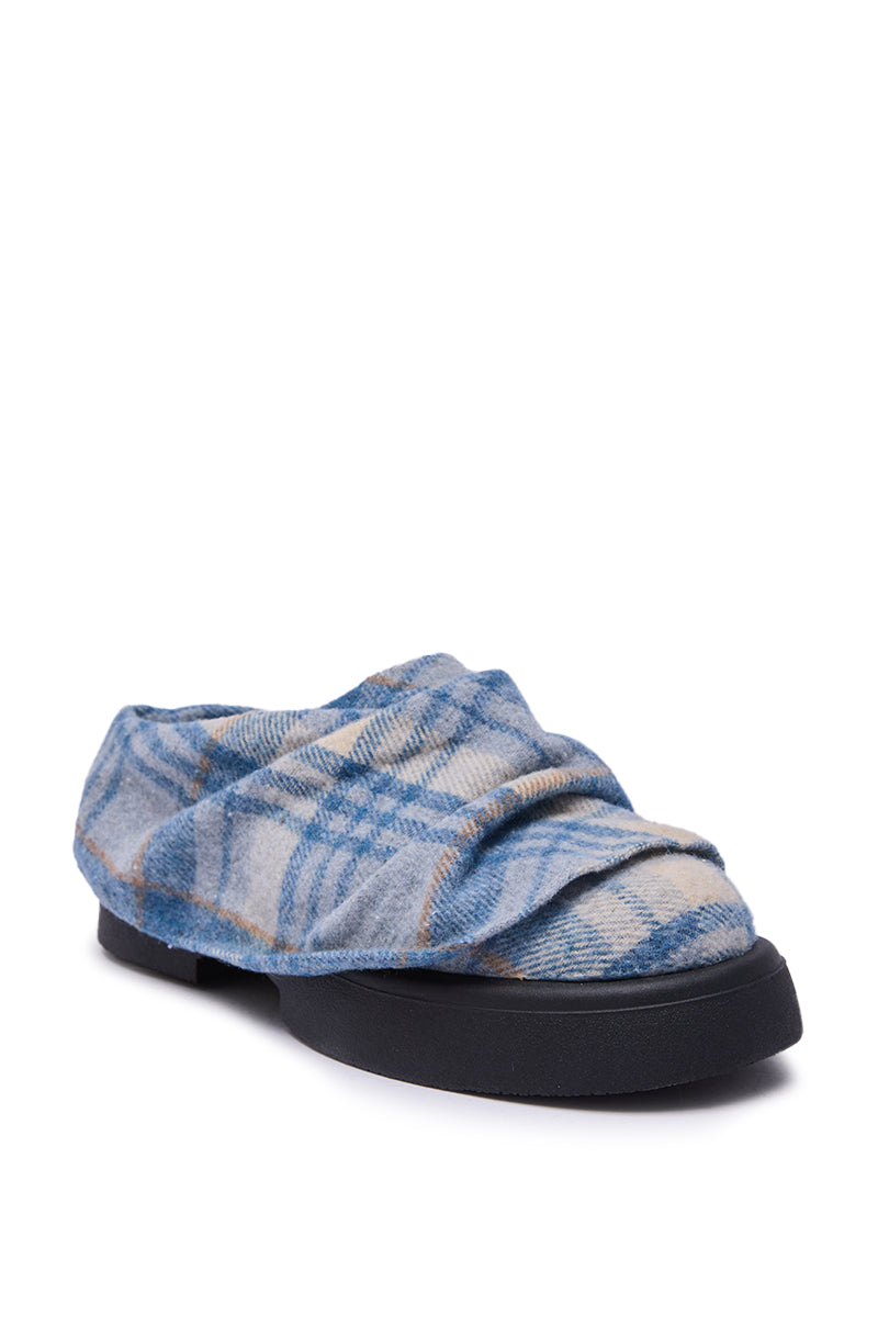 The AZALEA WANG SEYMON BLUE MULTI PLAID SLIP-ON RUCHED FLAT features a soft ruched fabric upper, thick black sole, and comfort cushion insole, shown on a white background. 4