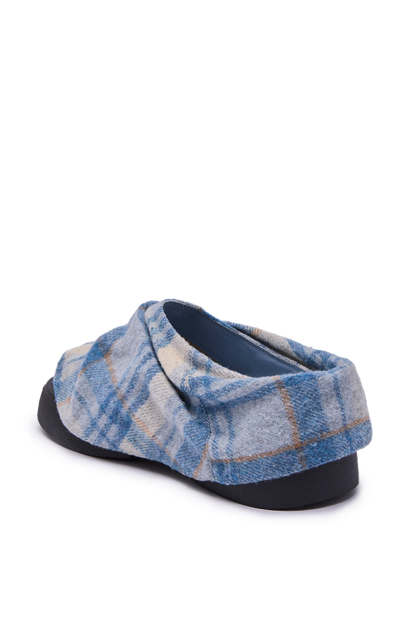 The AZALEA WANG SEYMON Blue Multi Plaid Slip-On Ruched Flat features a soft fabric upper, comfort cushion insole, and black rubber sole, displayed from a rear angle. 5