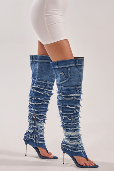 AZALEA WANG SENA DENIM STILETTO OPEN TOE BOOT – AKIRA