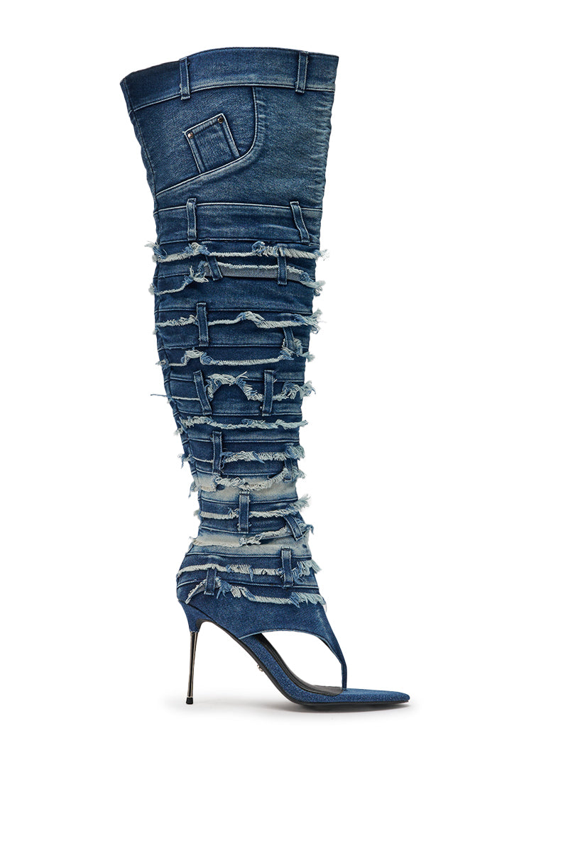 The AZALEA WANG SENA DENIM STILETTO OPEN TOE BOOT is a thigh-high style made from distressed blue denim with frayed rips, an open toe, sandal-inspired strap, and a decorative denim pocket near the top. 4