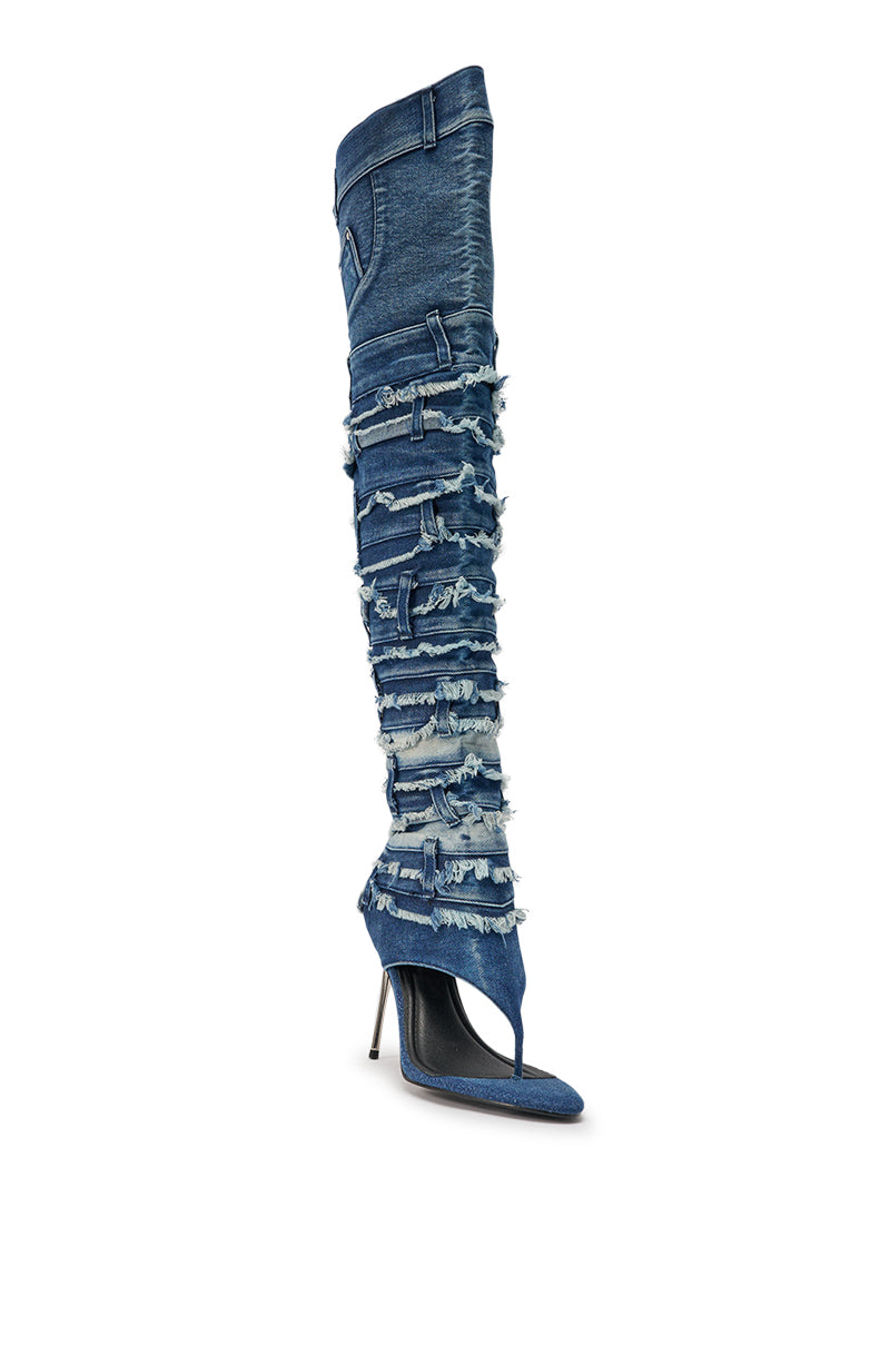 The AZALEA WANG SENA DENIM STILETTO OPEN TOE BOOT is a thigh-high, distressed denim boot with frayed details, faux pockets, an open toe, and a sleek stiletto heel—perfect for making a bold statement above the knee. 5