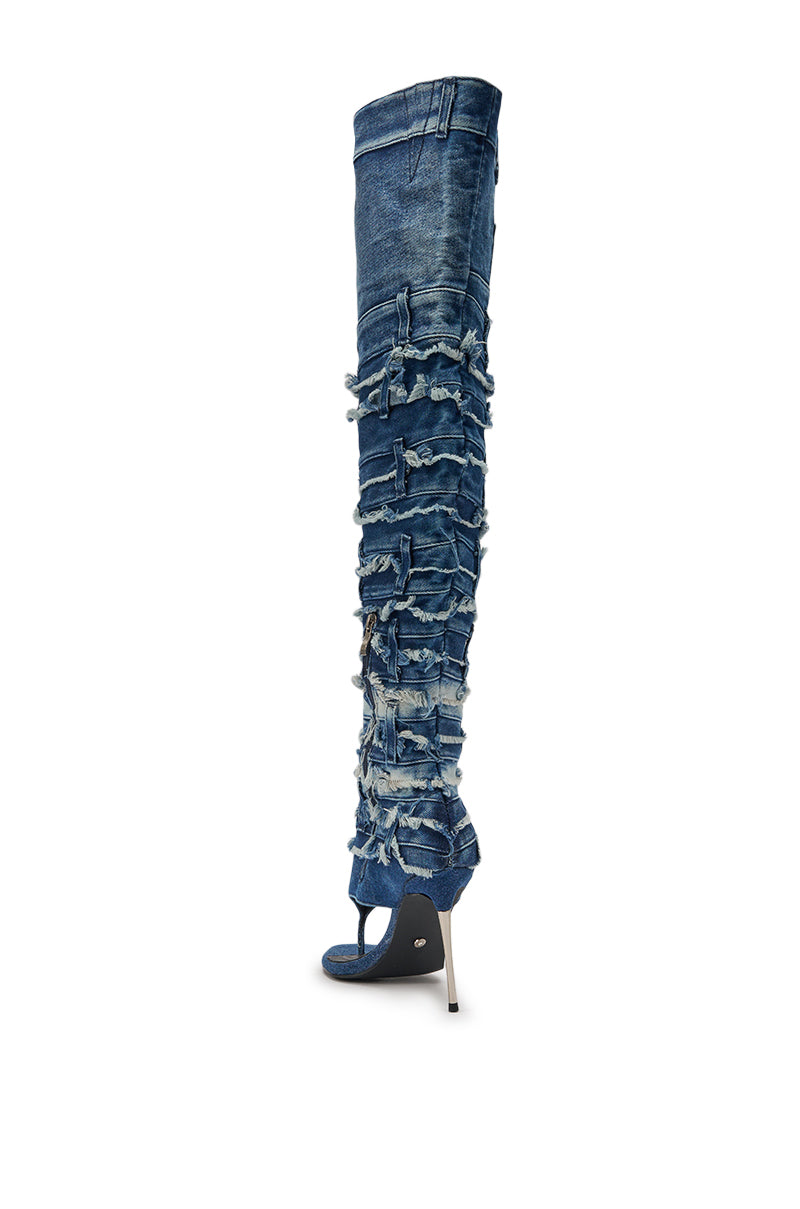 The AZALEA WANG SENA DENIM STILETTO OPEN TOE BOOT features distressed blue denim with frayed patches, a slim metallic heel, and an over-the-knee, open-toe design. Shown against a white background. 6