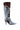 The AZALEA WANG SERENDIPITY MULTI BOOT is a knee-high boot adorned with a blue and grey snakeskin pattern and brown suede accents. The design is further enhanced with silver and white floral bead appliqués. It features a pointed toe and a mid-length stiletto heel.