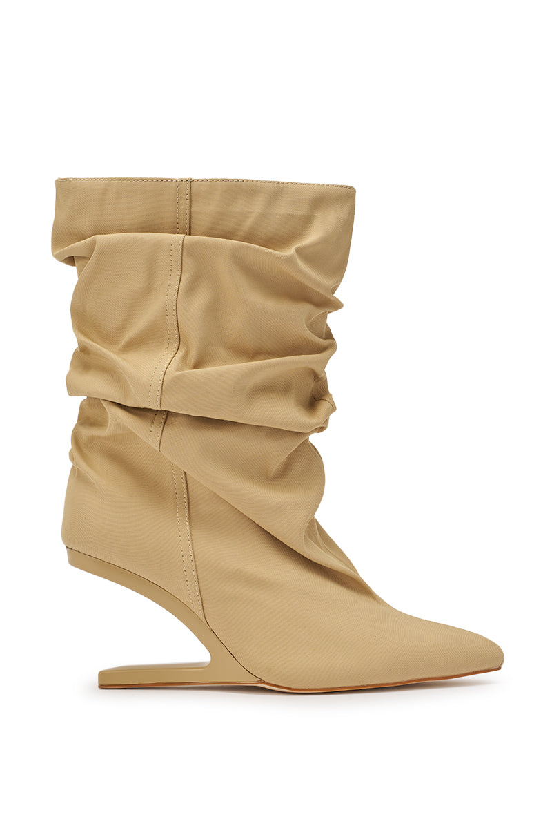 The AZALEA WANG SERONA KHAKI INVISIBLE WEDGE BOOTIE features a khaki slouch design with a pointed toe and a hidden wedge heel for a modern, sculptural style. 2