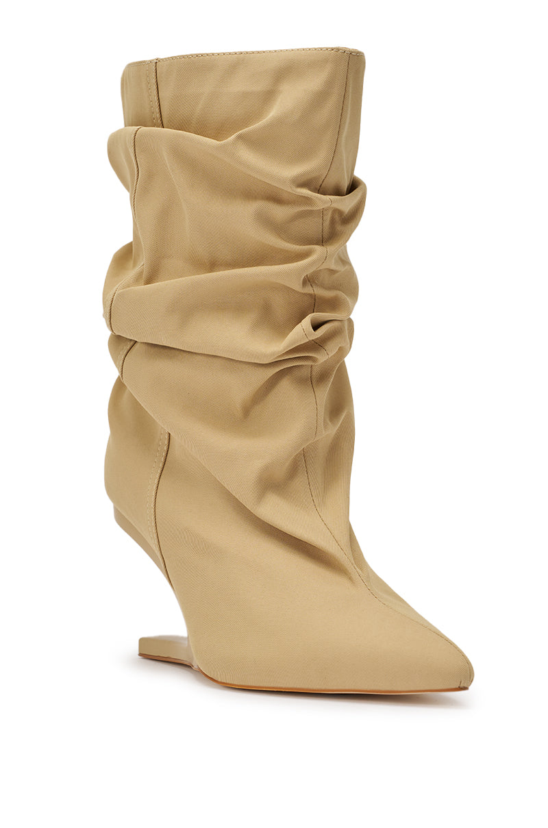 The AZALEA WANG SERONA KHAKI INVISIBLE WEDGE BOOTIE features a pointed toe, angled invisible wedge heel, and soft ruched material for a chic, slouchy style. 3