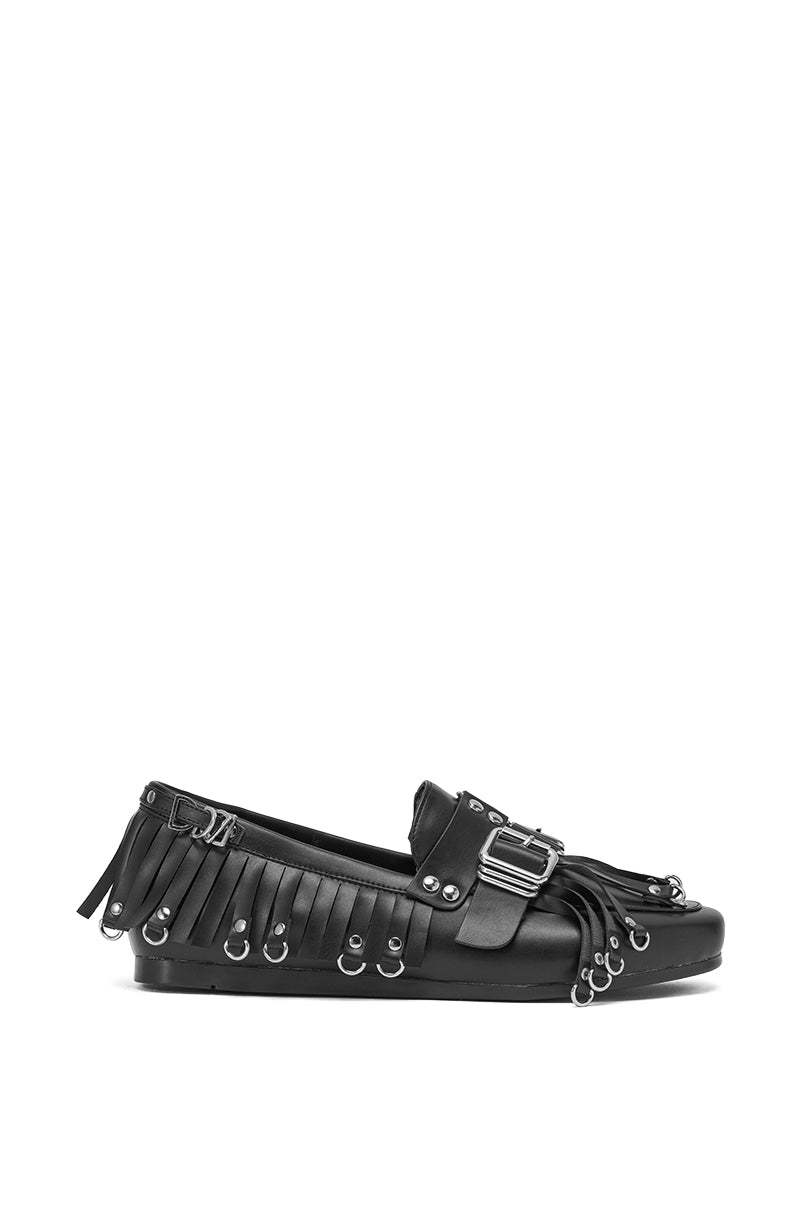 The AZALEA WANG SEVYN BLACK WITH SILVER HARDWARE FLAT LOAFER is crafted in faux leather with fringe, bold top buckle, silver eyelets, and metal side details for an edgy, stylish look. 3