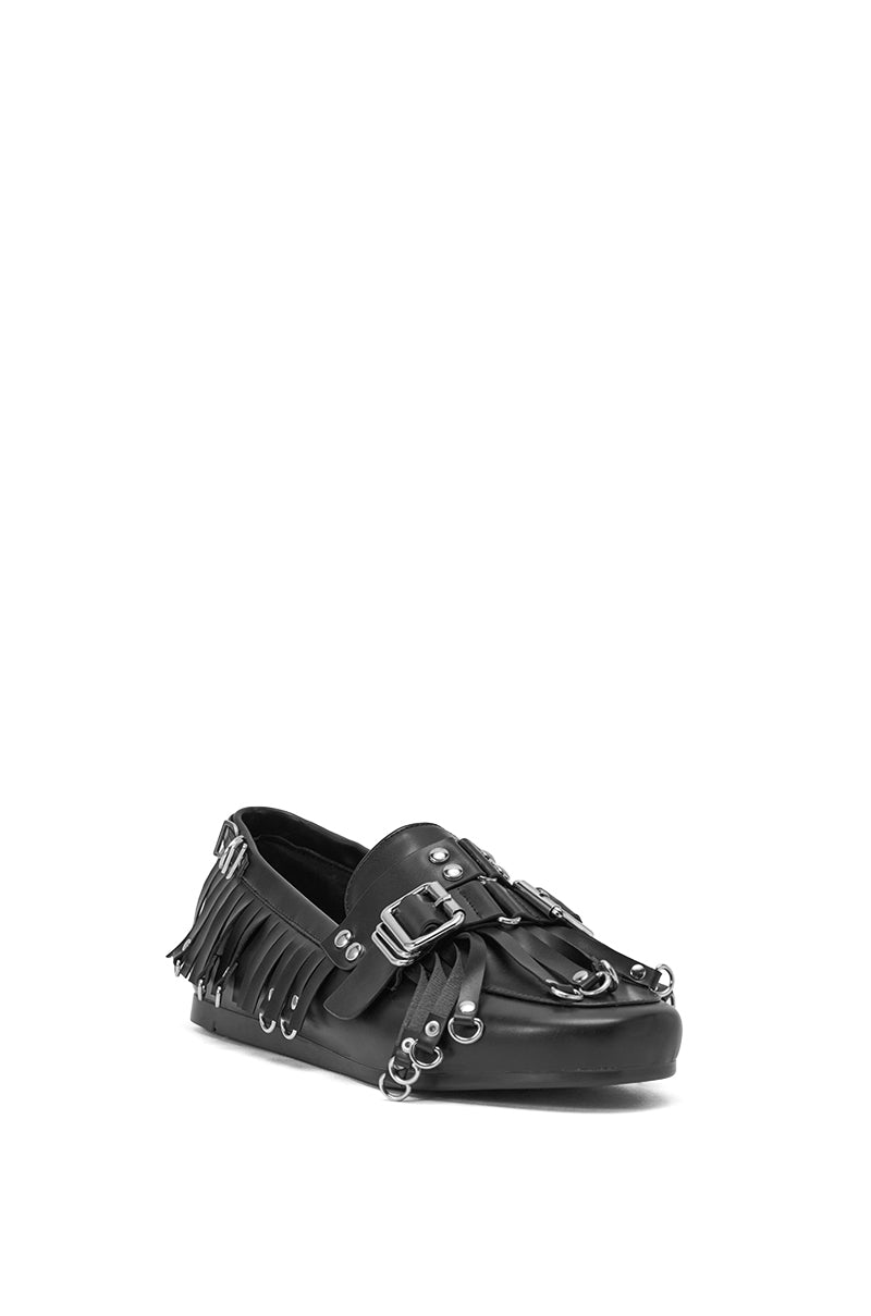 The AZALEA WANG SEVYN Black Flat Loafer features silver hardware, metal studs, fringe detailing, an almond toe design, and a chunky sole. 4