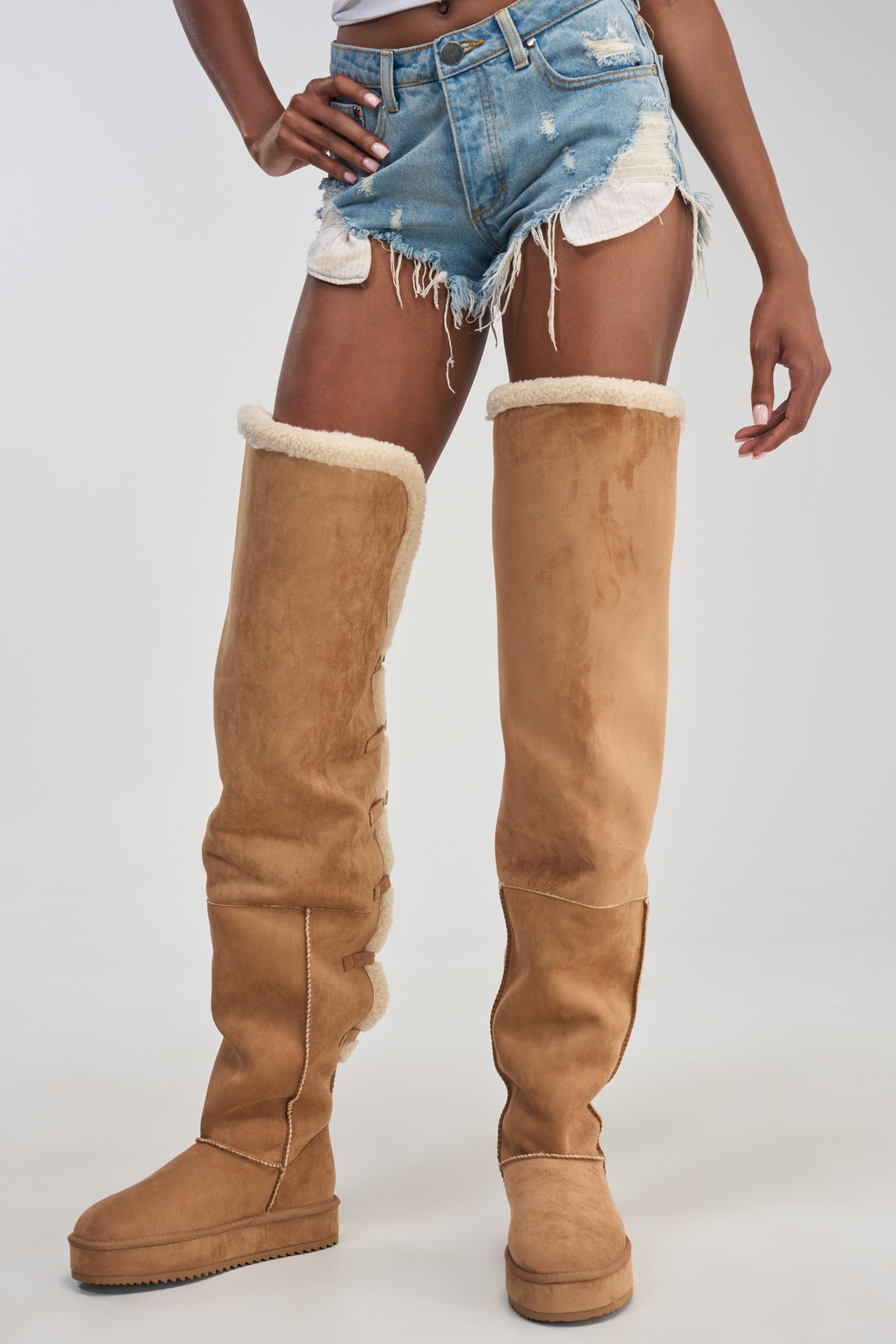AZALEA WANG SHEA CHESTNUT FAUX SUEDE SHEARLING THIGH HIGH FLAT