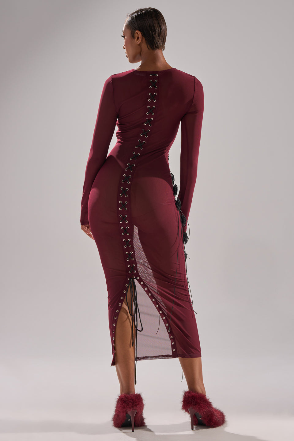 burgundy mesh midi dress ASOS DESIGN mesh long sleeve column midi dress in burgundy print