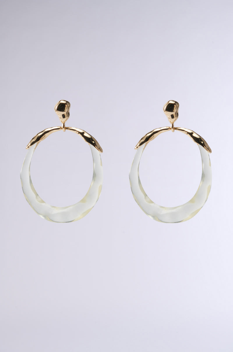 The CLEARLY A YES EARRING is a pair of faux gold geometric hoop studs with large, textured translucent loops, offering a modern and elegant look set against a plain gray background.