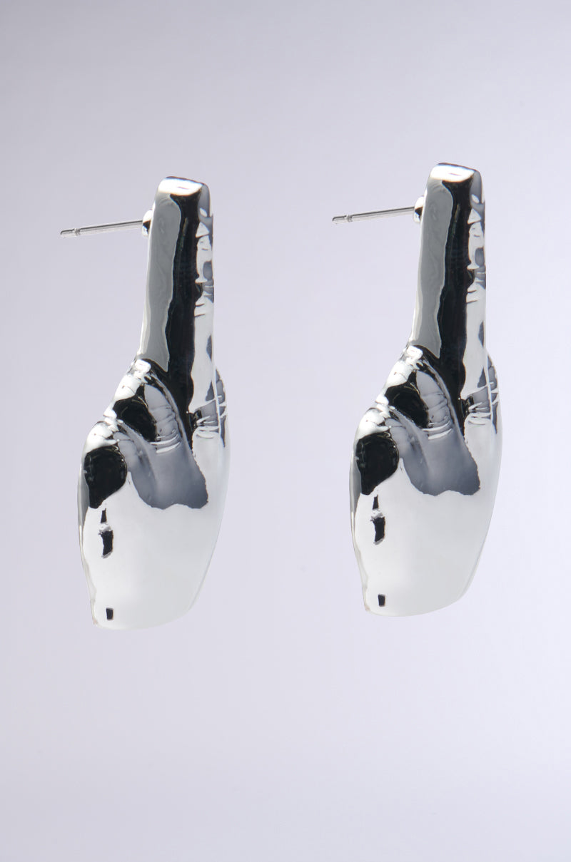 The MY MOOD EARRING is a bold statement piece, showcasing a hand-shaped design with the middle fingers extended, set against a plain backdrop. 2