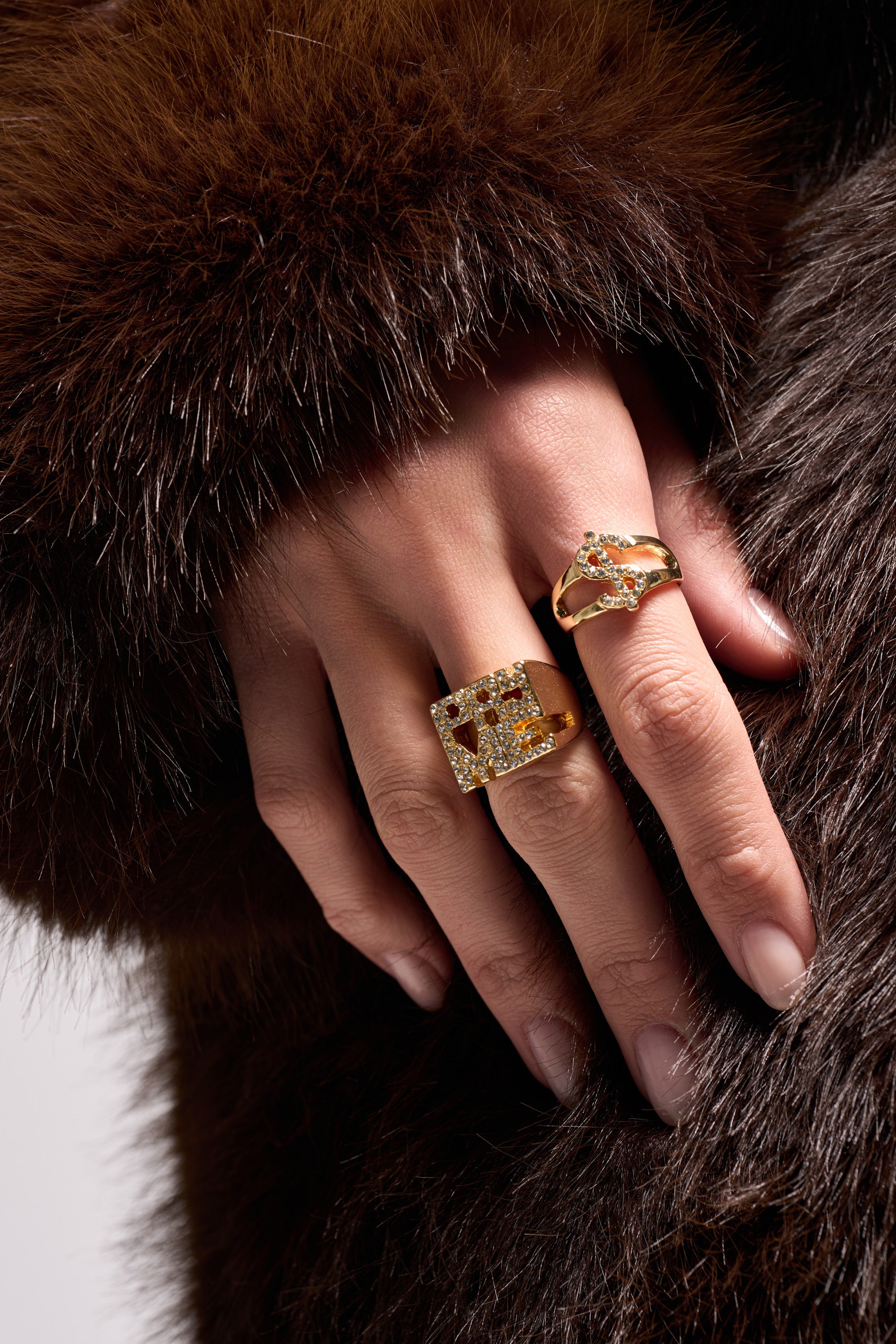 A close-up of a hand wearing the PAY ME RING SET rests on dark brown fur. One square-shaped ring features embedded gemstones, while the other showcases an organic design with small red accents. The nails appear natural and unpolished.