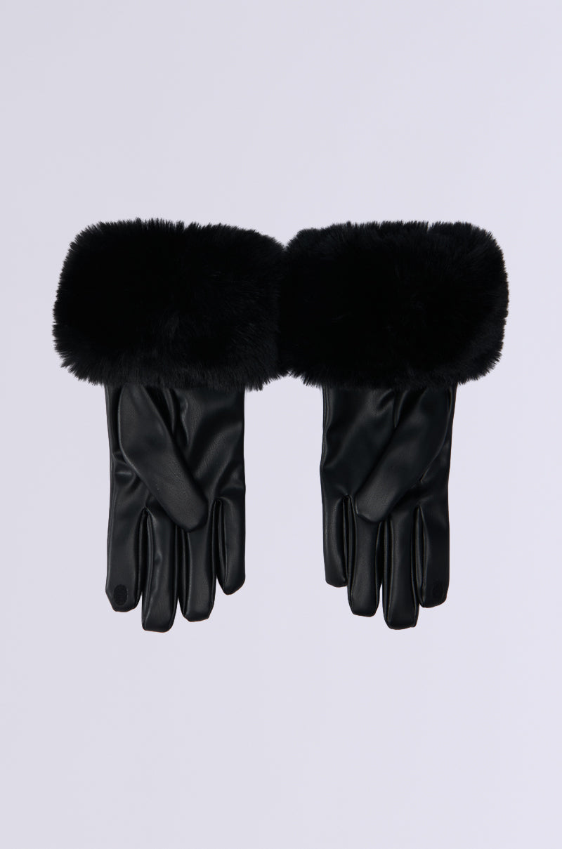 A pair of "ALL I WANT IS MONEY" fur gloves in black, displayed on a light background. The gloves feature a sleek design, and the plush faux fur cuffs enhance their elegance and warmth.