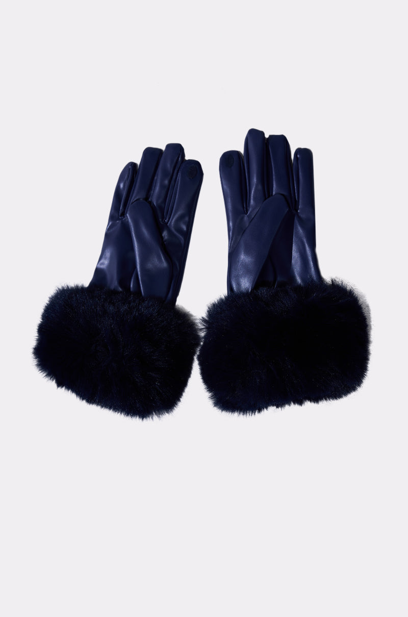 A pair of TOO CHIC FAUX FUR GLOVES in navy blue faux leather with thick, dark faux fur cuffs are displayed side by side on a plain light background. 6