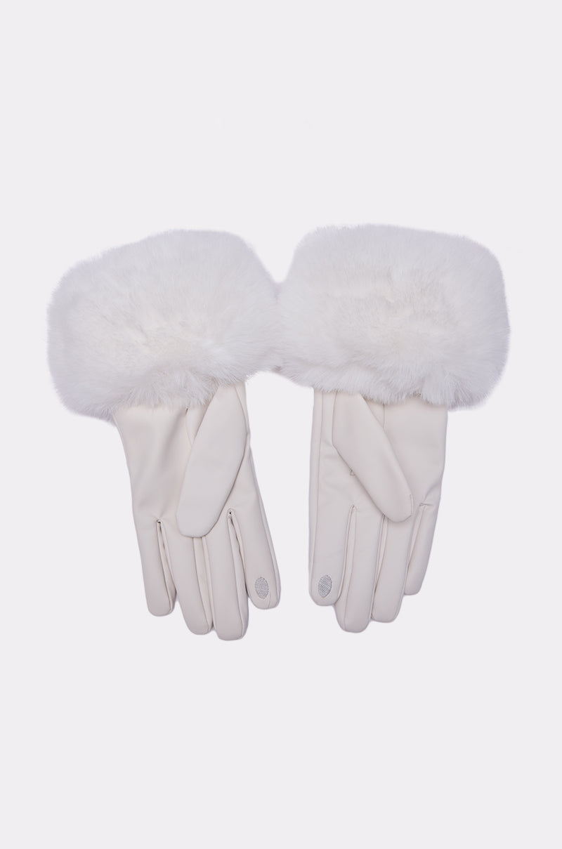 The LUXE LIFE FAUX FUR GLOVES are elegant white faux leather gloves with plush, fluffy fur cuffs, shown against a plain light background.