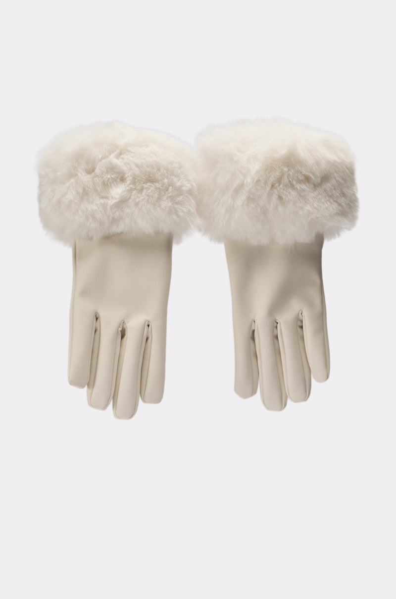 The LUXE LIFE FAUX FUR GLOVES are cream-colored with fluffy cuffs, shown against a plain white background.