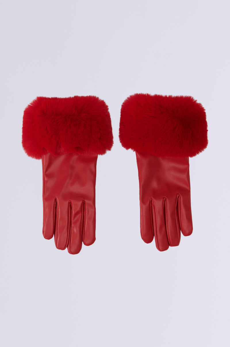 A pair of ALL I WANT IS MONEY FUR GLOVES in vibrant red, featuring touch screen compatibility and faux fur cuffs, set against a plain background. The gloves showcase a sleek design and smooth texture, effortlessly merging style with contemporary functionality. 4