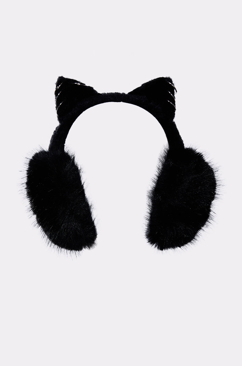 The BITE BACK EARMUFFS feature black cat ears and soft faux fur, making them the perfect accessory for cold weather. Shown against a plain white background. 0