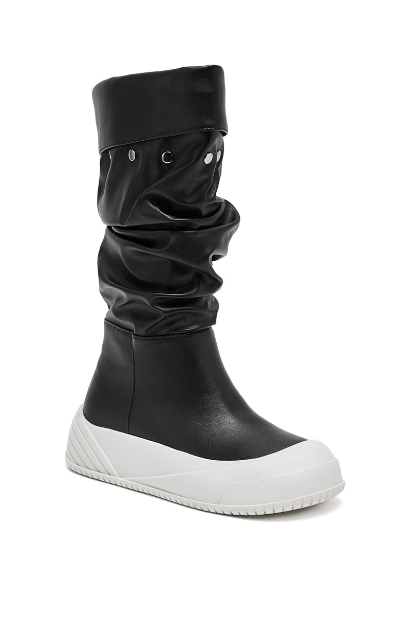 The AZALEA WANG SMARTER BLACK RUCHED PU FLAT BOOT is a black faux leather thigh-high boot.