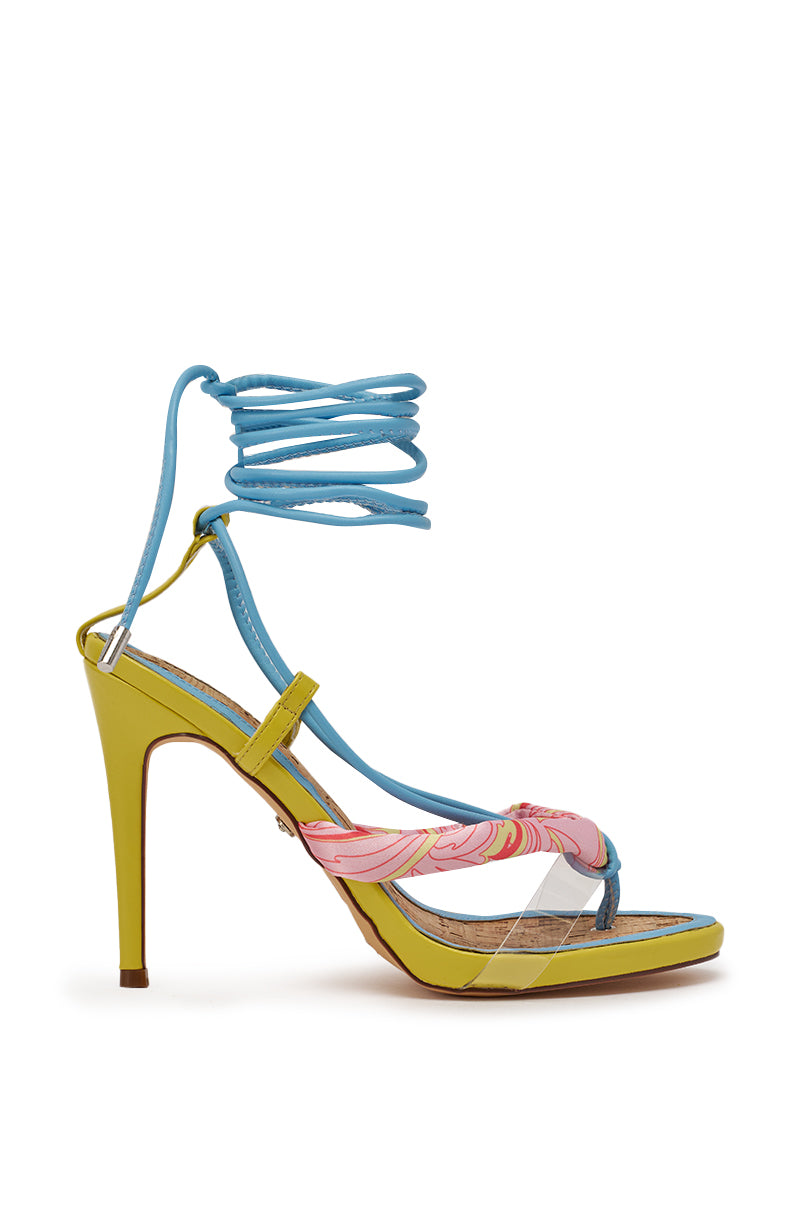 The AZALEA WANG SOMERSET CITRON MULTI STILETTO SANDAL features a yellow base, pink and blue decorative straps, clear side panels, and blue ankle wrap laces—perfect summer shoes for standout style—shown on a white background. 3