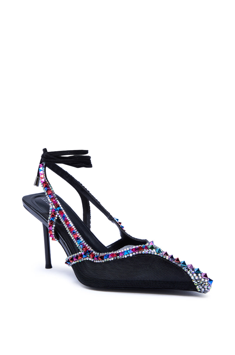 Step out in standout style with the AZALEA WANG SPEEDYIE Black Multi Mesh Pumps, featuring a pointed toe, thin crisscross straps, multi-colored rhinestones on the edges, and a black ankle tassel for added flair.