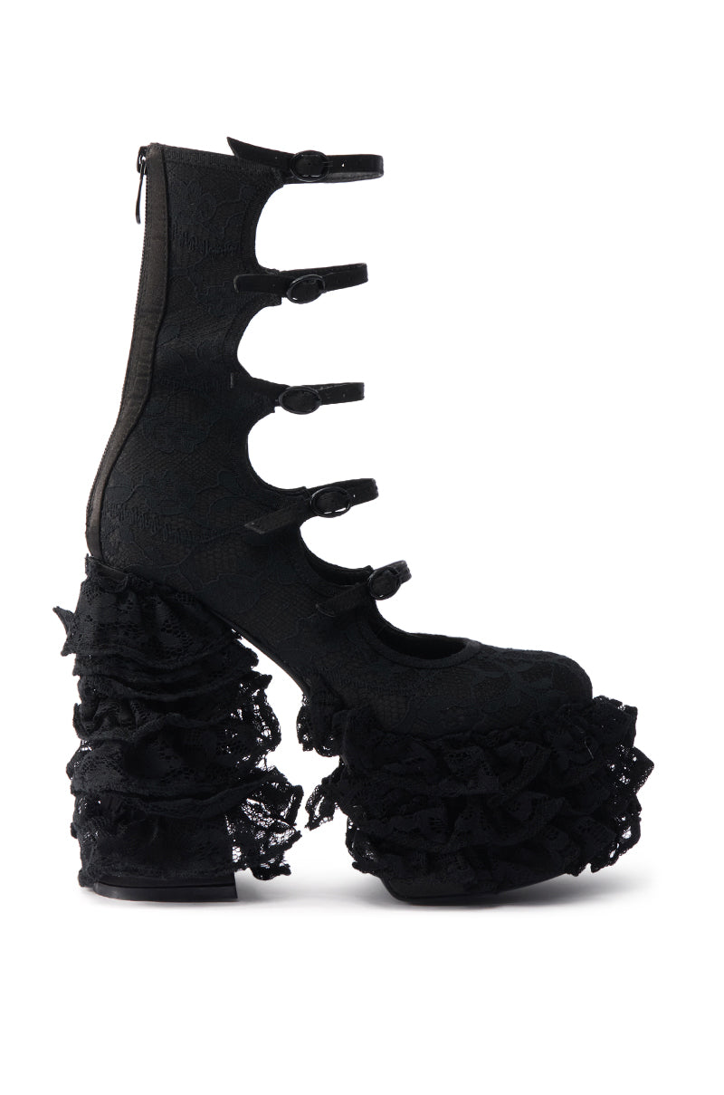 The AZALEA WANG SPREENE FRILL LACE PUMP IN BLACK is a gothic chic shoe with four buckled straps, ornate ruffled lace, and a chunky heel plus platform sole.